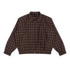Anointed Garments brown plaid zip-up jacket with a lapel collar, raglan sleeves, and elasticized hem and cuffs.