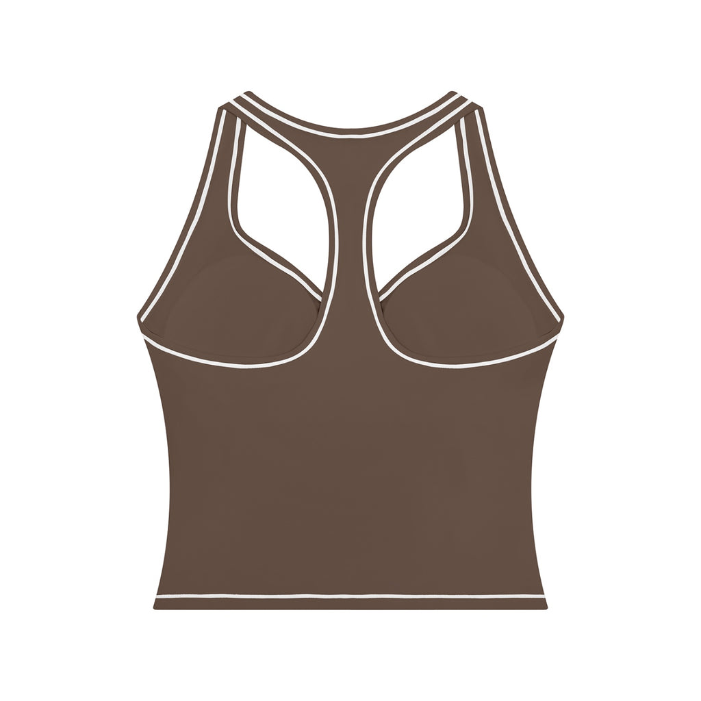 Anointed Garments brown racerback performance tank top with white contrast piping for gym and yoga workouts.
