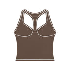 Anointed Garments brown racerback performance tank top with white contrast piping for gym and yoga workouts.