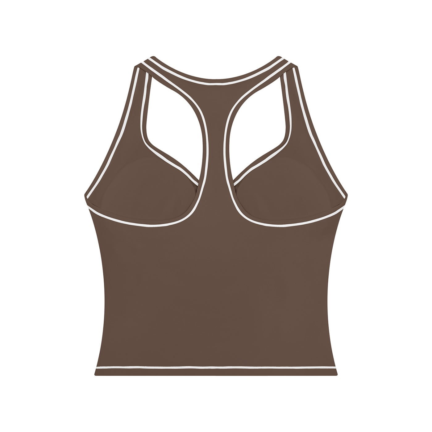 Anointed Garments brown racerback performance tank top with white contrast piping for gym and yoga workouts.