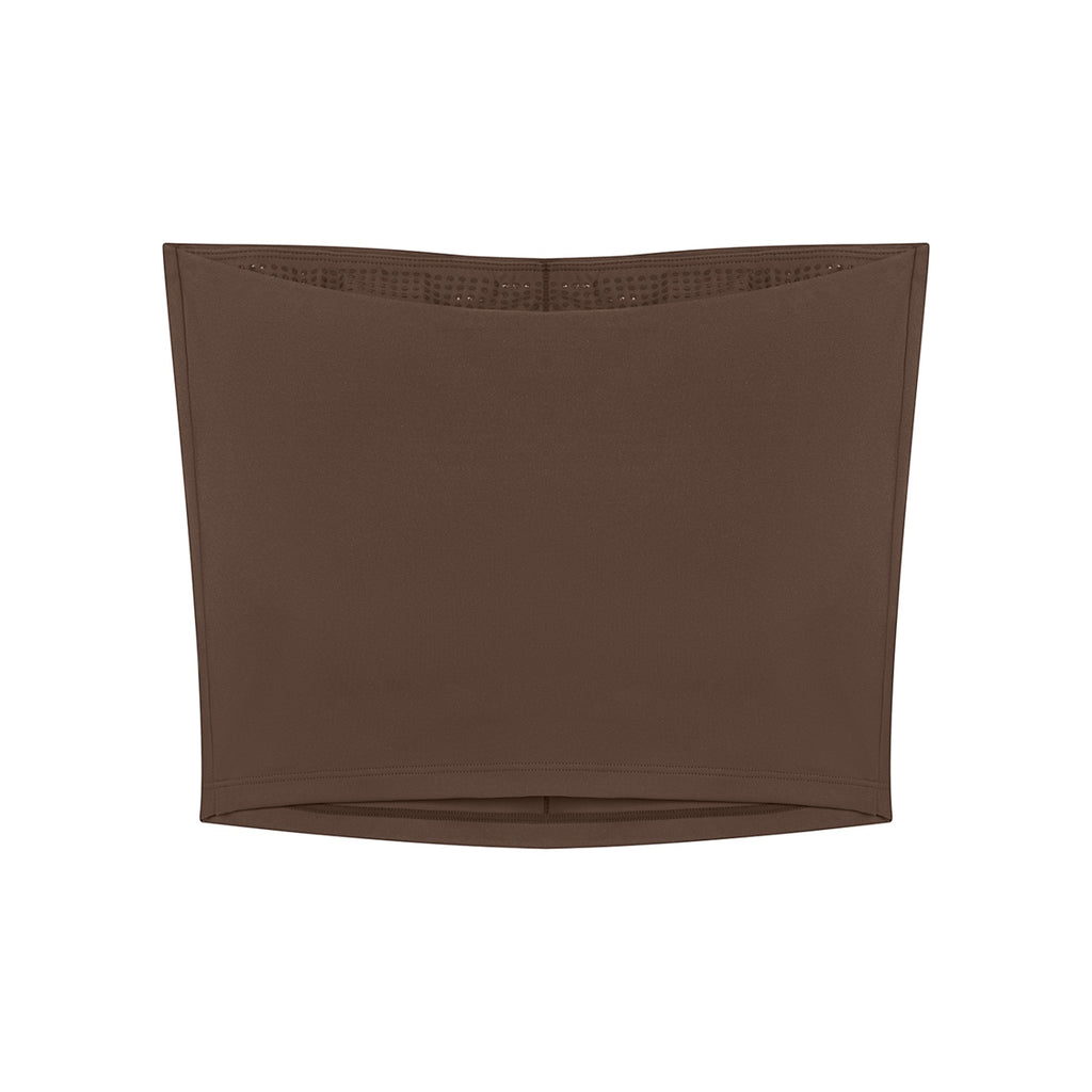 Anointed Garments brown strapless tube top in a stretchy nylon-spandex blend with a seamless bodycon fit.
