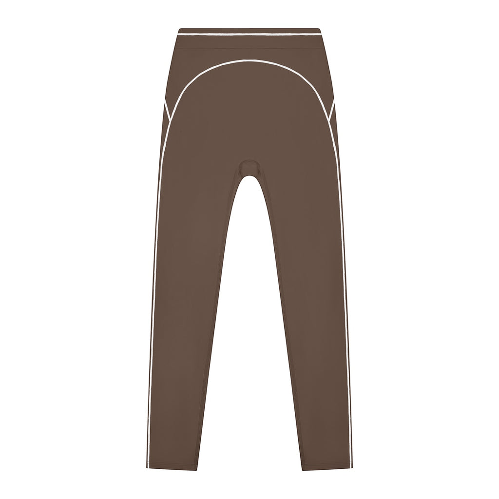 Anointed Garments brown high-rise leggings with white contrast topstitching for gym and casual wear.