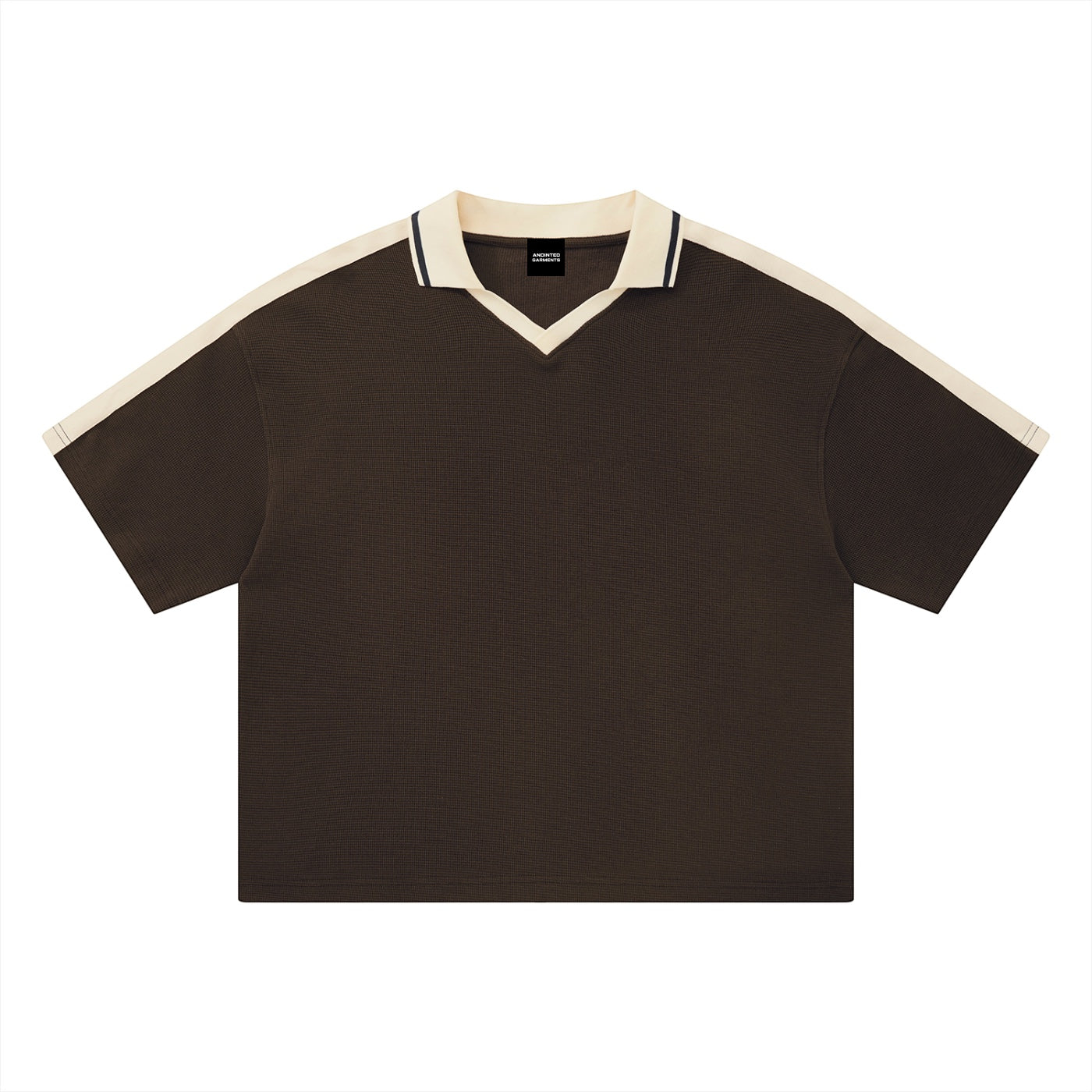Anointed Garments short sleeve V-neck polo shirt in dark brown with cream contrast collar and shoulder detailing.