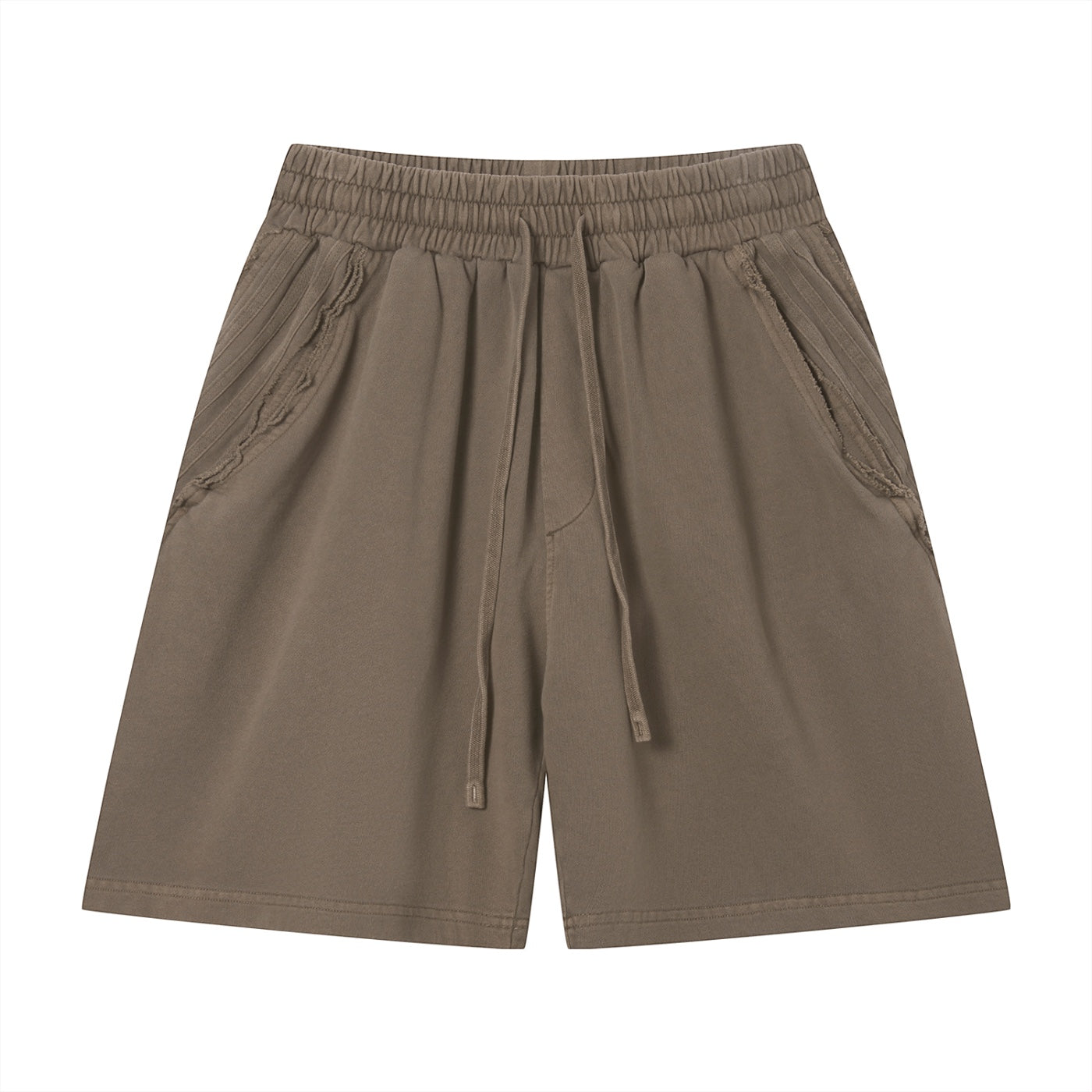 Anointed Garments brown vintage wash cotton shorts with an elastic drawstring waist and raw edge pocket details.