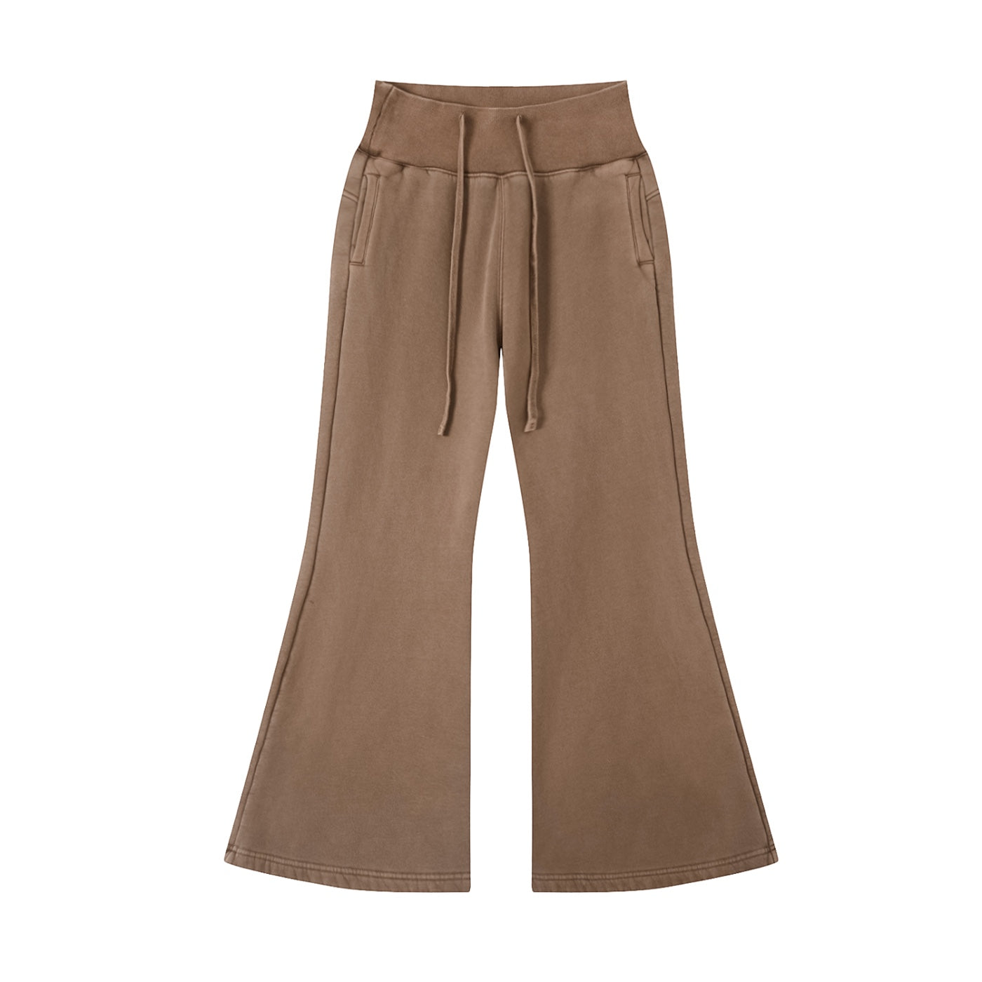 Anointed Garments high-waisted brown lounge pants with a wide-leg silhouette, drawstring waist, and side pockets.