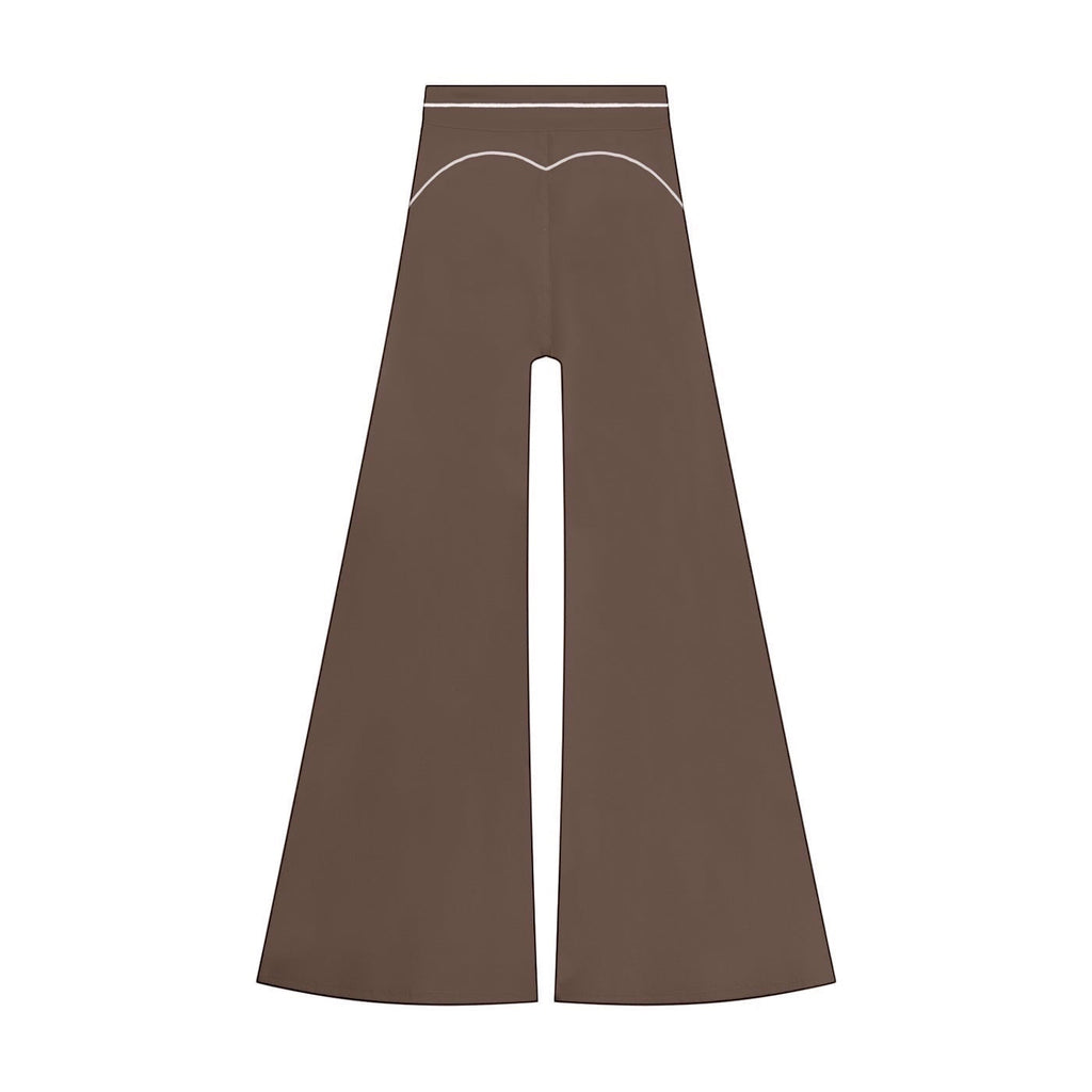 Anointed Garments brown high-waisted wide-leg trousers featuring white contrast piping detail on the back.
