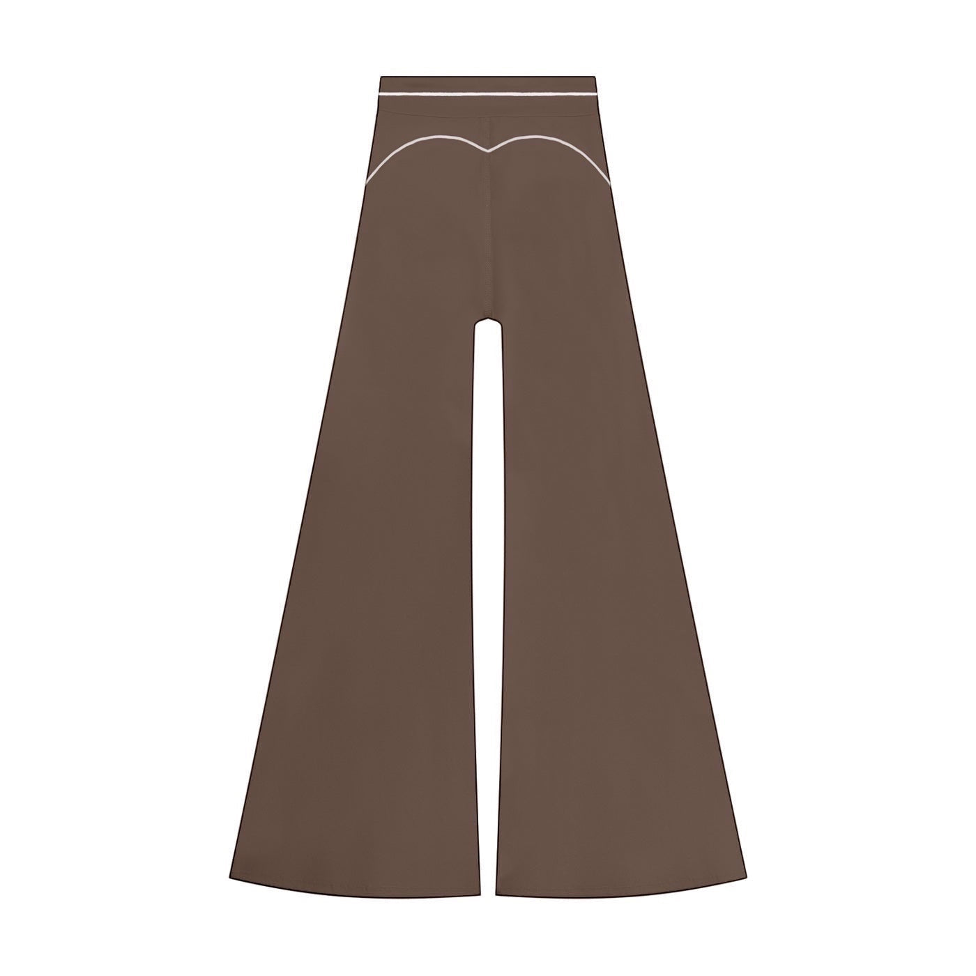 Anointed Garments brown high-waisted wide-leg trousers featuring white contrast piping detail on the back.