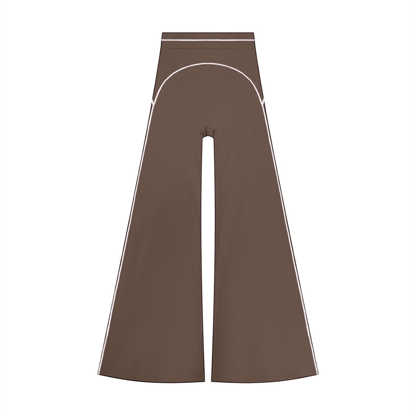 Anointed Garments brown high-waisted wide-leg trousers with white contrast piping detail on a plain background.