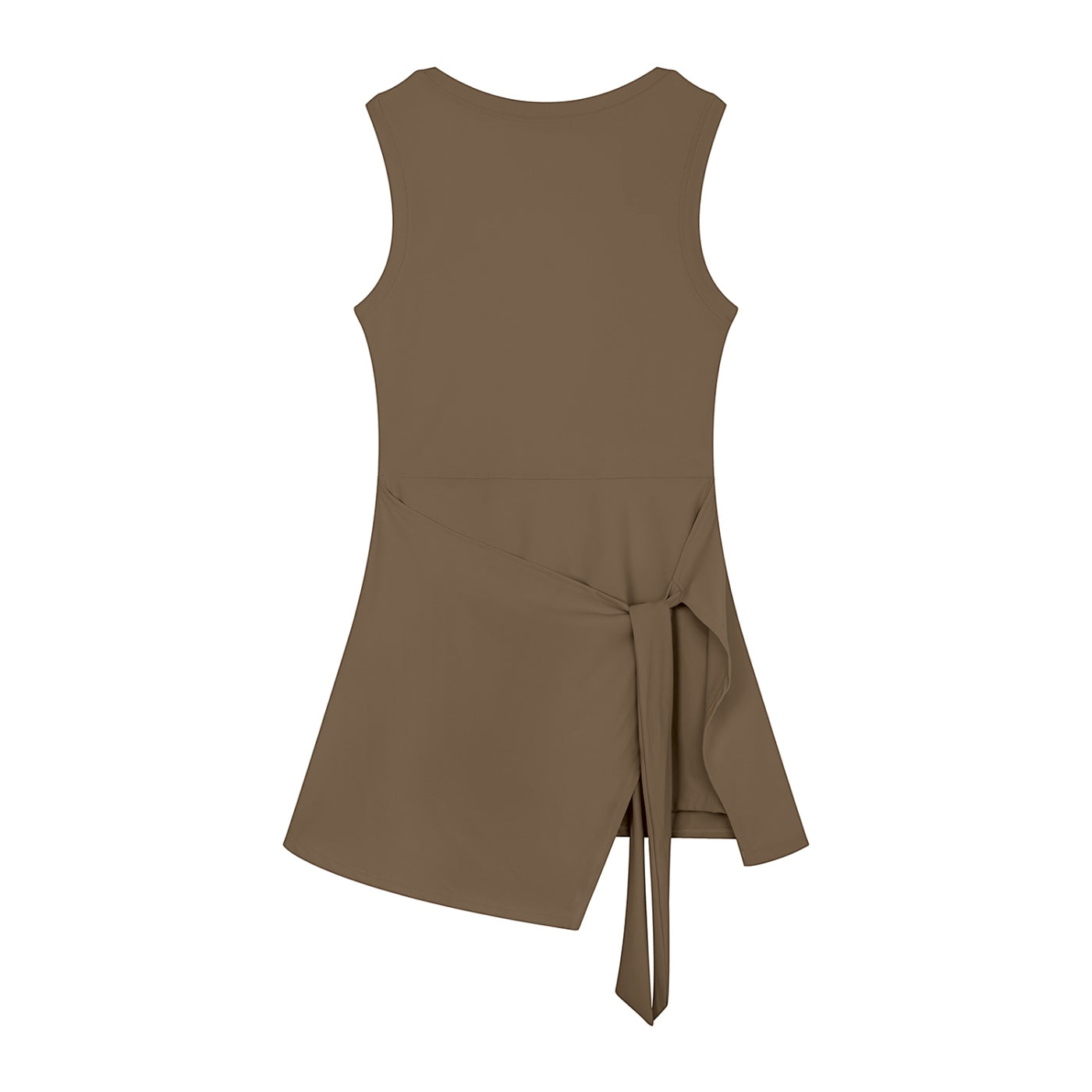 Anointed Garments brown sleeveless wrap tank top with a side-tie detail and scoop neckline in a soft nylon blend.