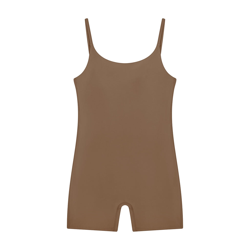 Anointed Garments brown sleeveless U-neck yoga romper made from stretchy nylon-elastane blend for gym or casual wear.