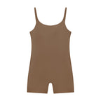 Anointed Garments brown sleeveless U-neck yoga romper made from stretchy nylon-elastane blend for gym or casual wear.