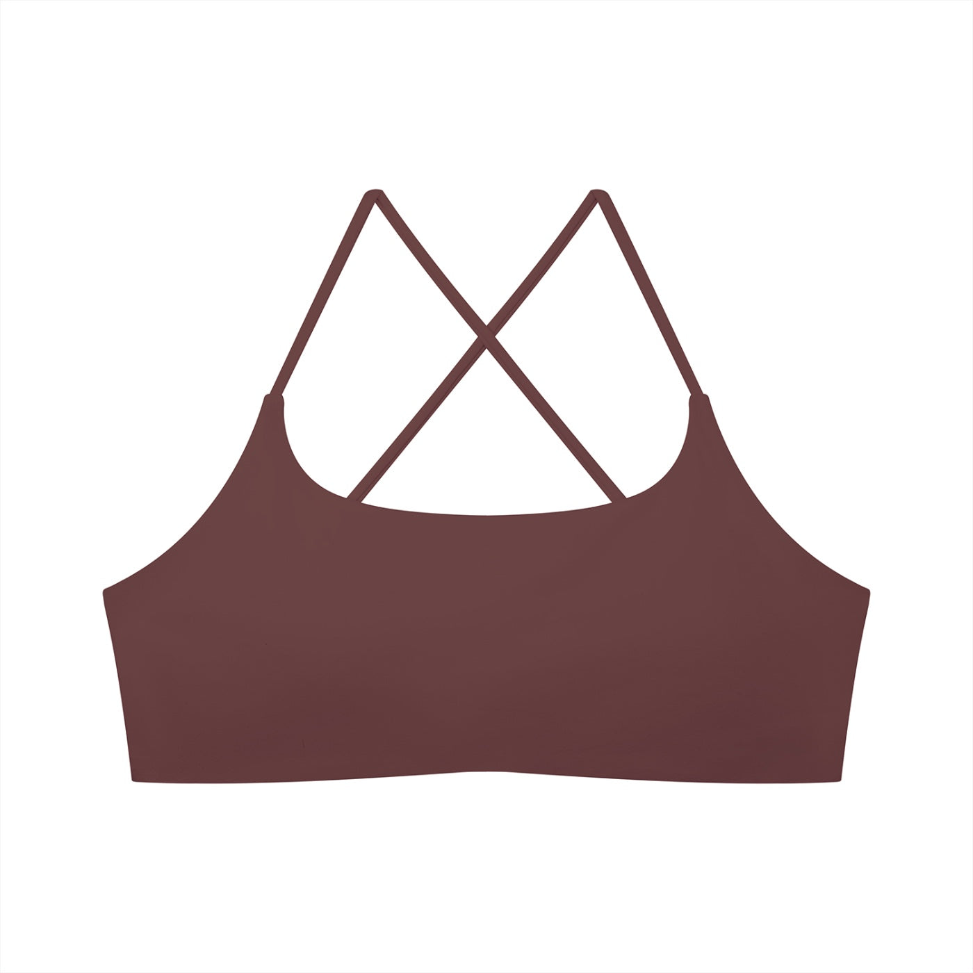 Anointed Garments dark brown U-neck sports bra with thin crisscross straps in a sleek bodycon crop style.
