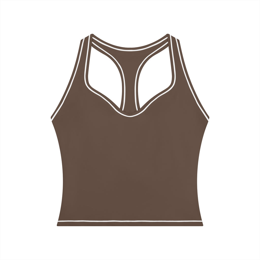 Anointed Garments brown yoga tank top with white topstitching, U-neck, and racerback design in polyamide blend.