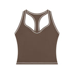 Anointed Garments brown yoga tank top with white topstitching, U-neck, and racerback design in polyamide blend.
