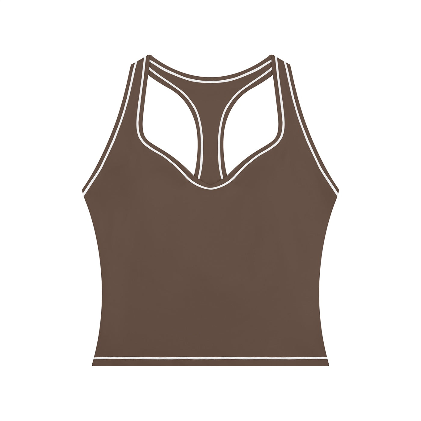 Anointed Garments brown yoga tank top with white topstitching, U-neck, and racerback design in polyamide blend.