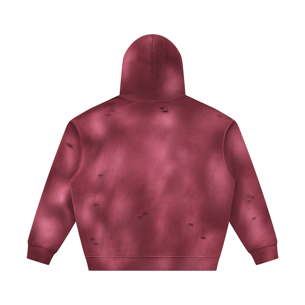 Anointed Garments distressed pullover hoodie in deep burgundy with a vintage washed finish and raw ripped details