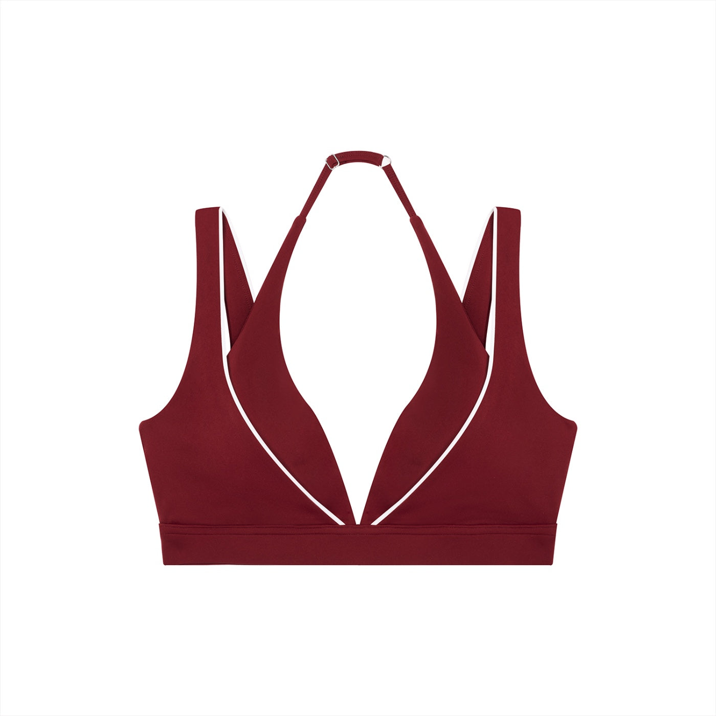 Anointed Garments burgundy halter neck yoga sports bra with white trim, made from polyamide and elastane blend.