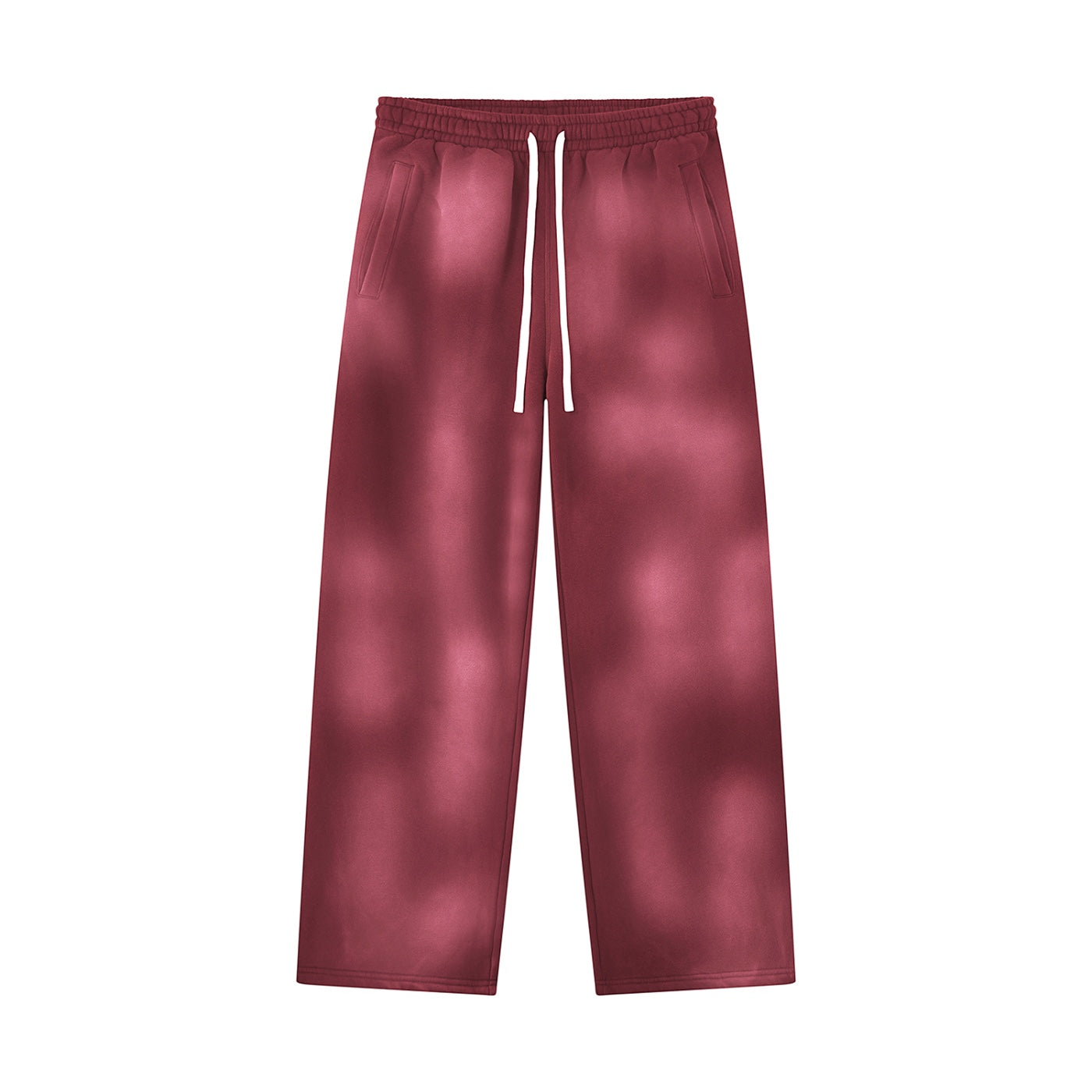 Anointed Garments unisex wide leg fleece sweatpants in a washed burgundy sunfade finish with an elastic drawstring waist.