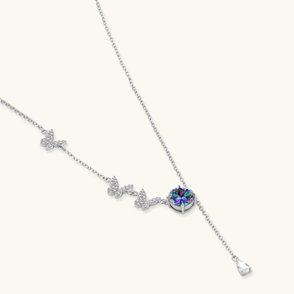 Anointed Garments butterfly necklace in platinum-plated sterling silver with a rainbow moissanite centerpiece.