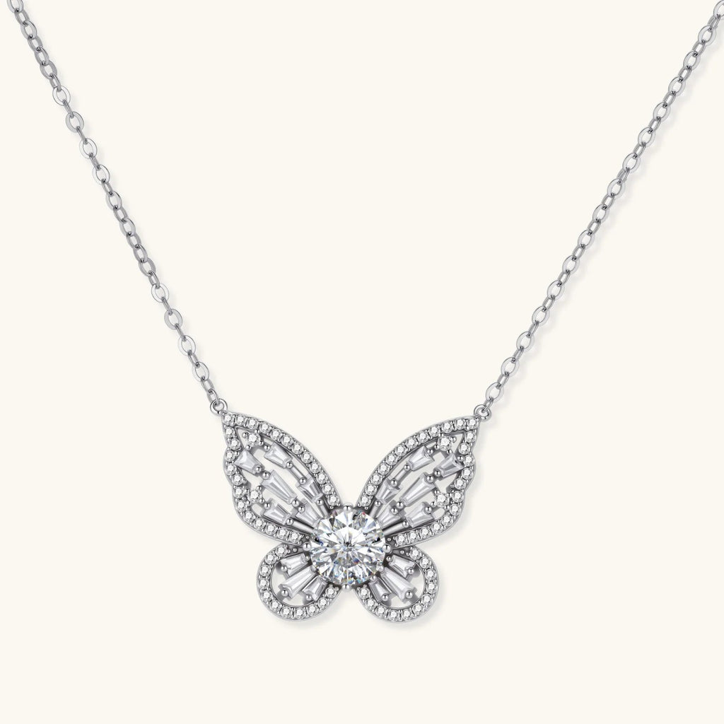 Anointed Garments butterfly pendant necklace in platinum-plated sterling silver with a 1-carat round moissanite stone.