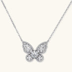 Anointed Garments butterfly pendant necklace in platinum-plated sterling silver with a 1-carat round moissanite stone.
