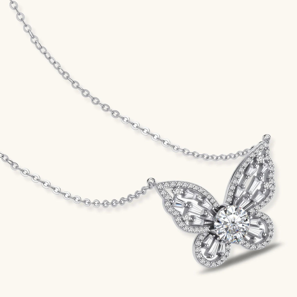 Anointed Garments butterfly pendant necklace in platinum-plated sterling silver with a 1-carat round moissanite center.