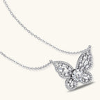 Anointed Garments butterfly pendant necklace in platinum-plated sterling silver with a 1-carat round moissanite center.