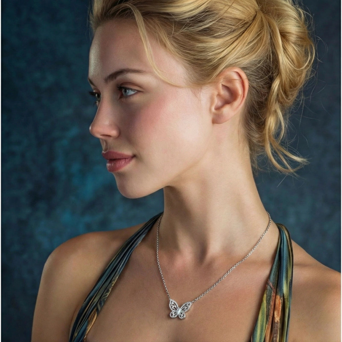 Anointed Garments butterfly moissanite necklace in platinum-plated sterling silver worn by a woman in profile.