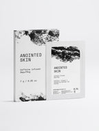 Anointed Garments Anointed Skin caffeine and vitamin C hydrogel eye patch box and single-use sachet in white packaging.