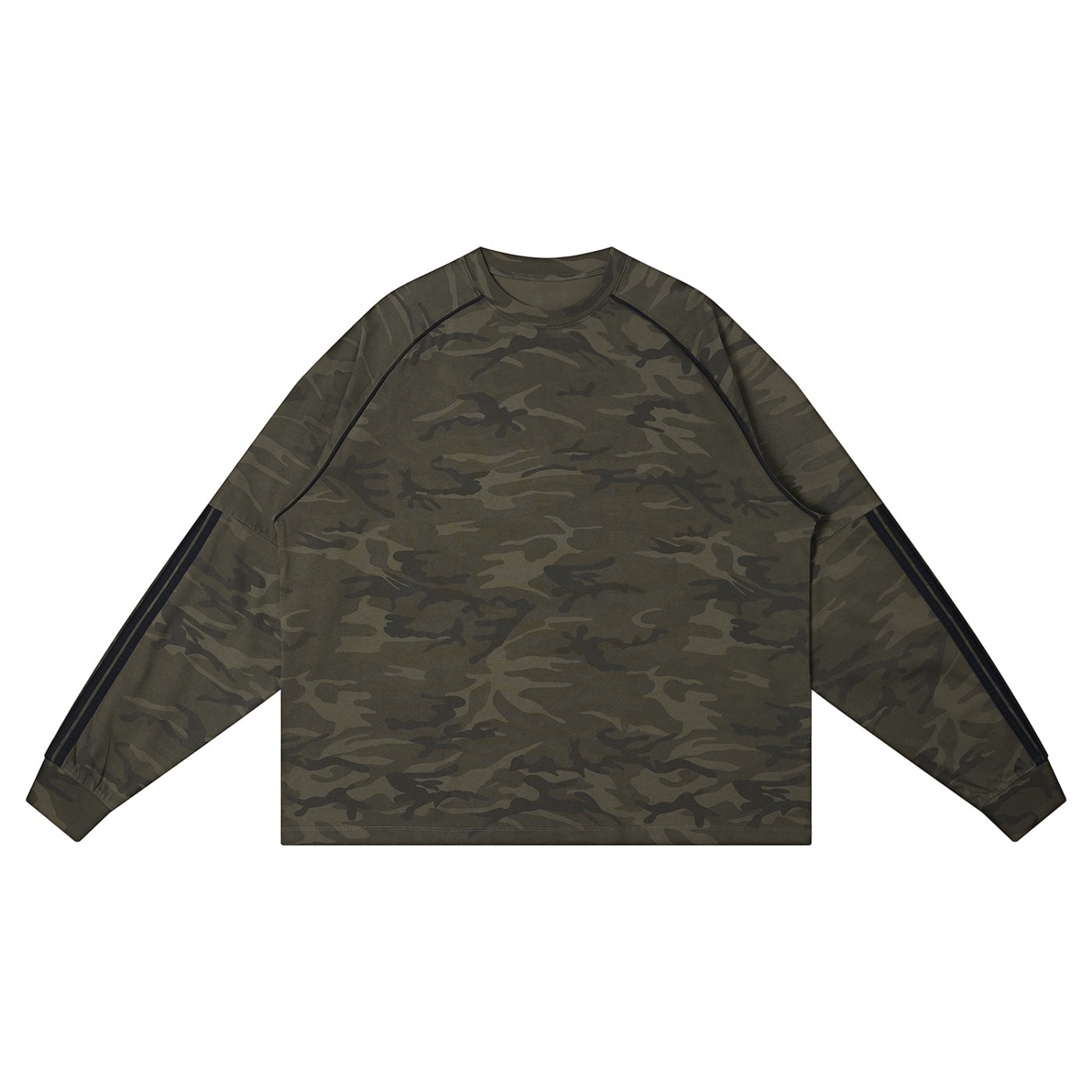 Anointed Garments unisex loose long sleeve t-shirt in green camo print with raglan sleeves and cotton fabric.