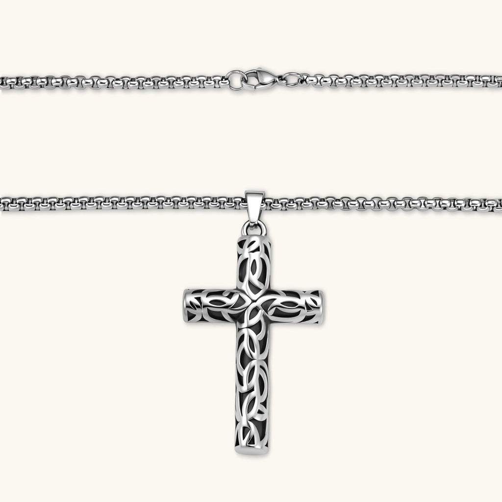 Anointed Garments Celtic Cross necklace featuring an oxidized stainless steel filigree pendant with intricate knotwork.