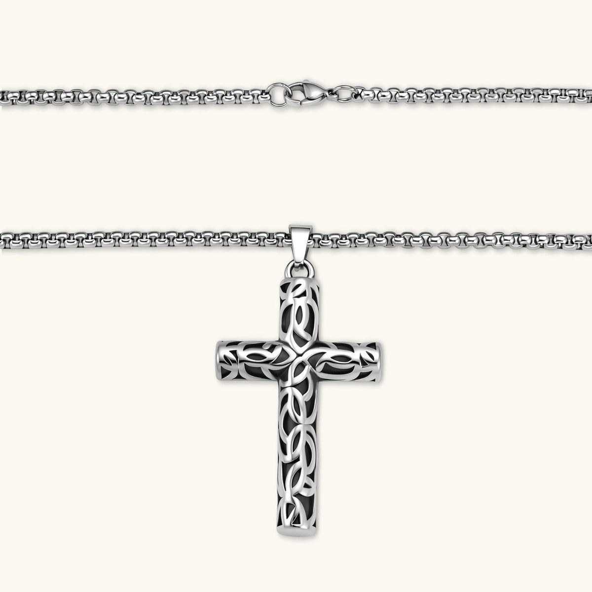 Anointed Garments Celtic Cross necklace featuring an oxidized stainless steel filigree pendant with intricate knotwork.