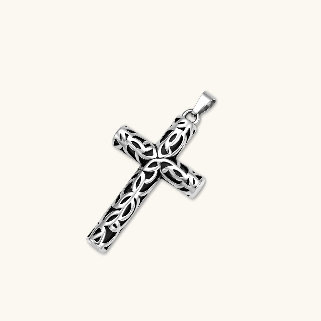 Anointed Garments Celtic cross necklace featuring an oxidized stainless steel filigree pendant with intricate knotwork.