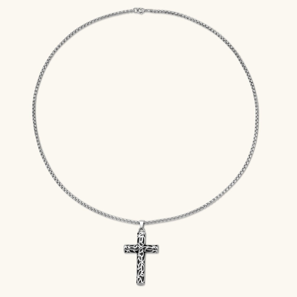 Anointed Garments Celtic cross necklace featuring an oxidized stainless steel filigree pendant on a 60cm chain.