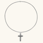 Anointed Garments Celtic cross necklace featuring an oxidized stainless steel filigree pendant on a 60cm chain.