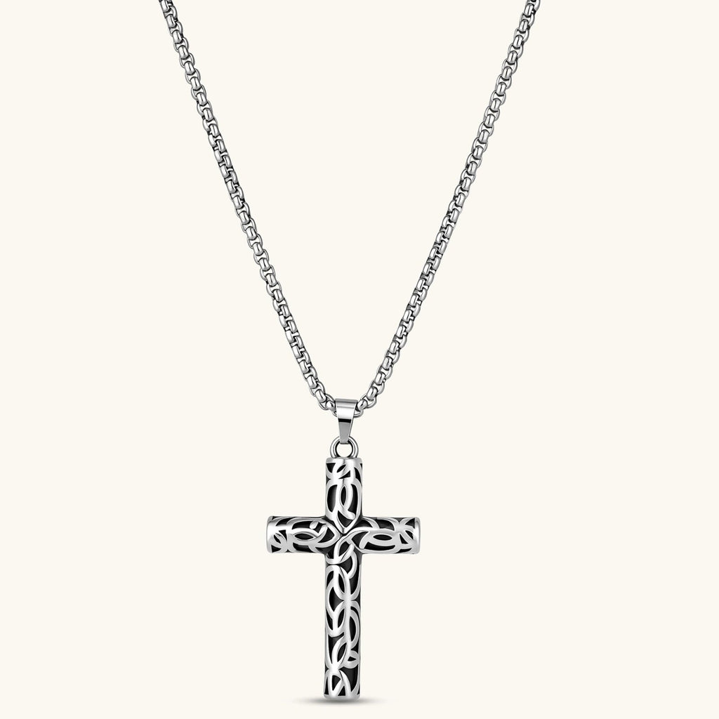 Anointed Garments Celtic cross necklace featuring an oxidized stainless steel filigree pendant on a silver chain.
