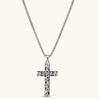 Anointed Garments Celtic cross necklace featuring an oxidized stainless steel filigree pendant on a silver chain.