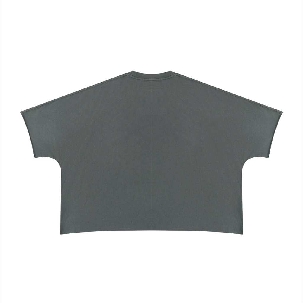 Anointed Garments unisex heavyweight charcoal grey cotton t-shirt with a boxy fit and raw edge hem, back view.