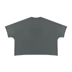 Anointed Garments unisex heavyweight charcoal grey cotton t-shirt with a boxy fit and raw edge hem, back view.