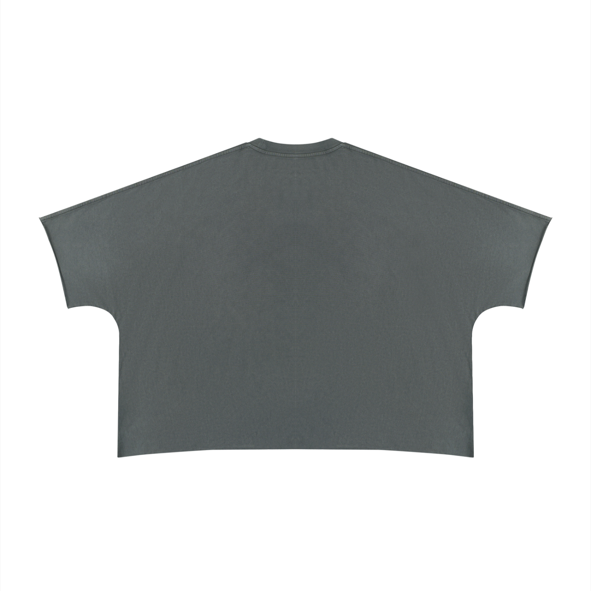 Anointed Garments unisex heavyweight charcoal grey cotton t-shirt with a boxy fit and raw edge hem, back view.