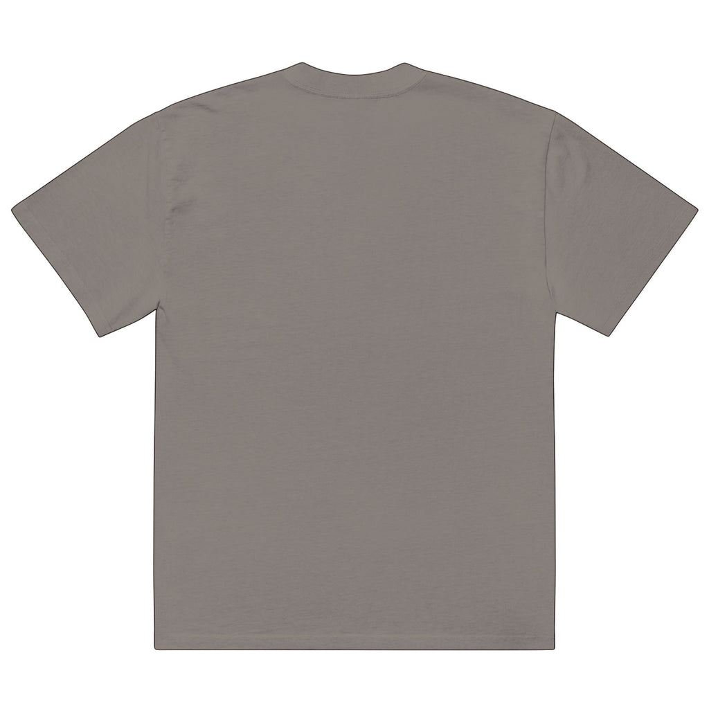 Back view of an Anointed Garments charcoal grey boxy oversized cotton t-shirt with short sleeves and a crew neck.