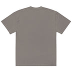 Back view of an Anointed Garments charcoal grey boxy oversized cotton t-shirt with short sleeves and a crew neck.
