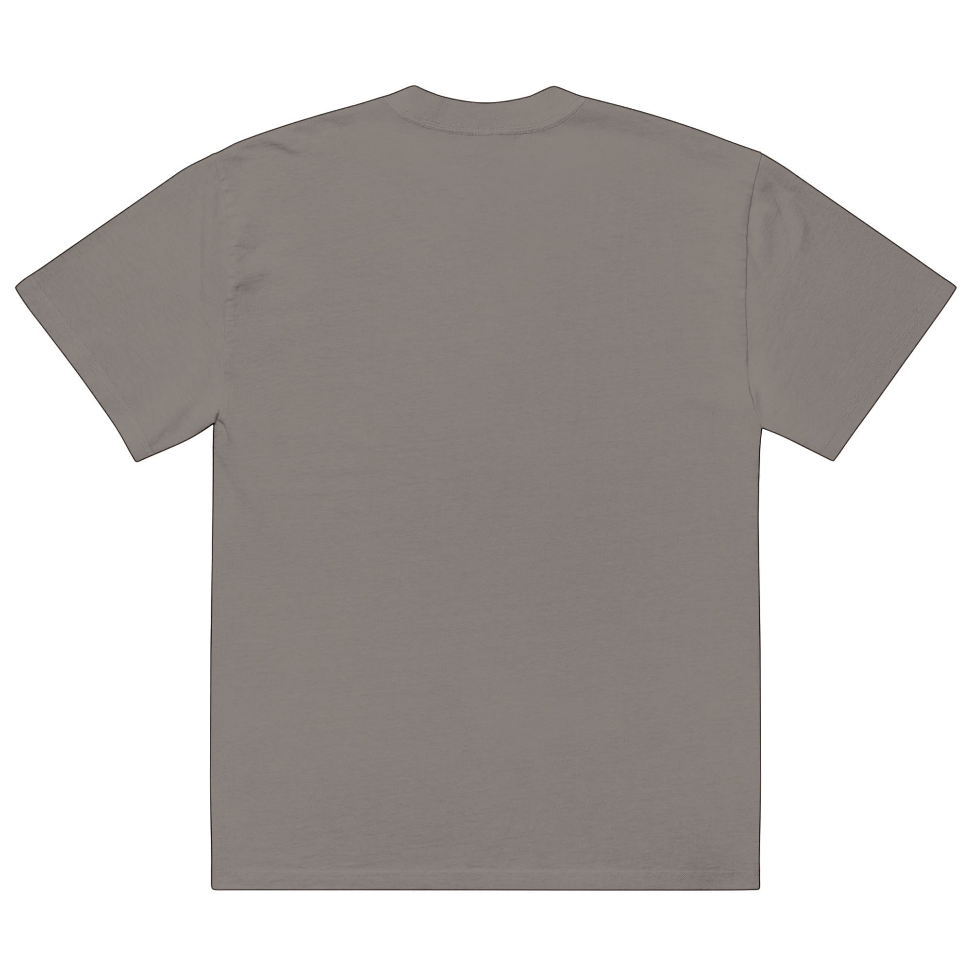 Back view of an Anointed Garments charcoal grey boxy oversized cotton t-shirt with short sleeves and a crew neck.