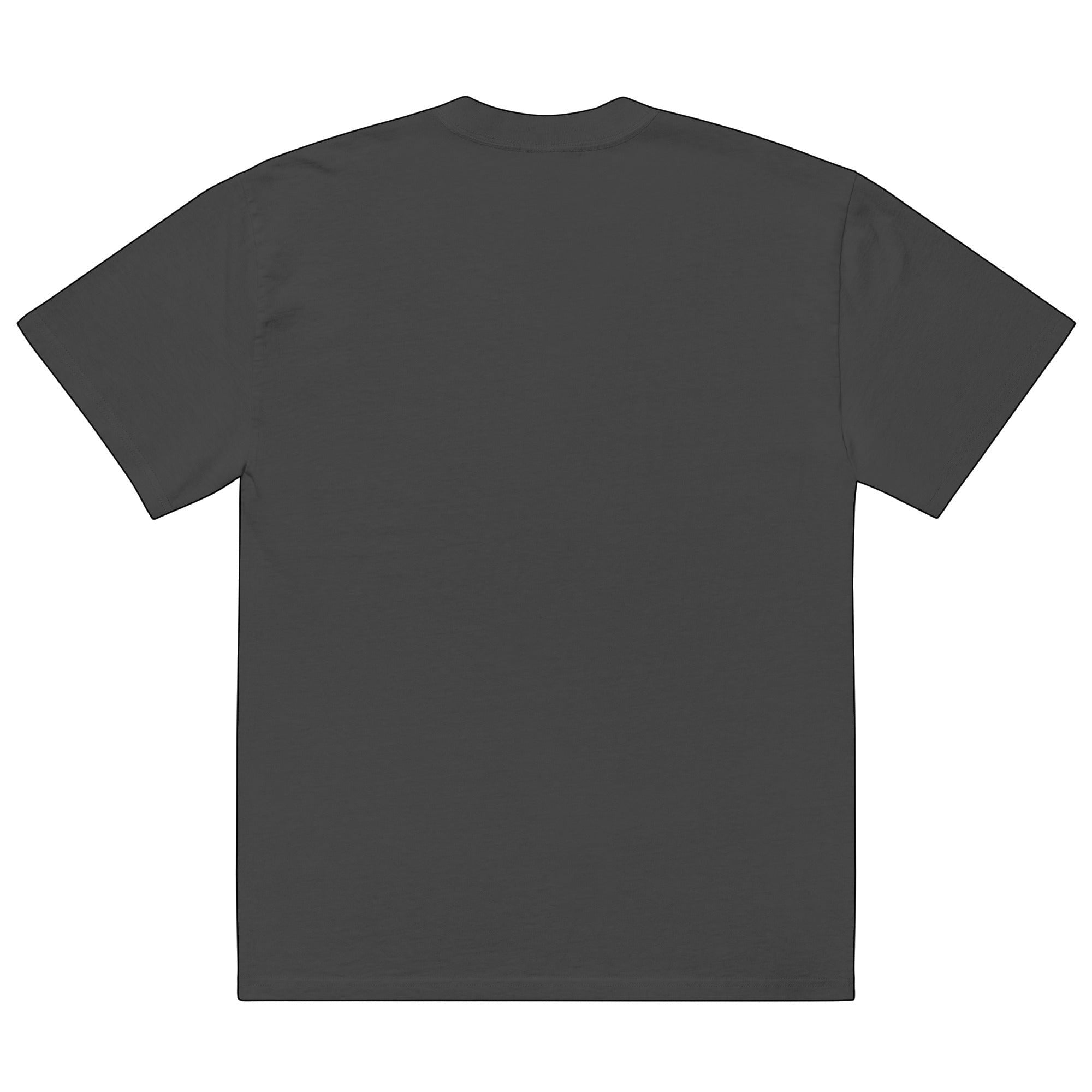 Back view of a charcoal grey Anointed Garments short sleeve t-shirt in a boxy, oversized fit made of heavy cotton.