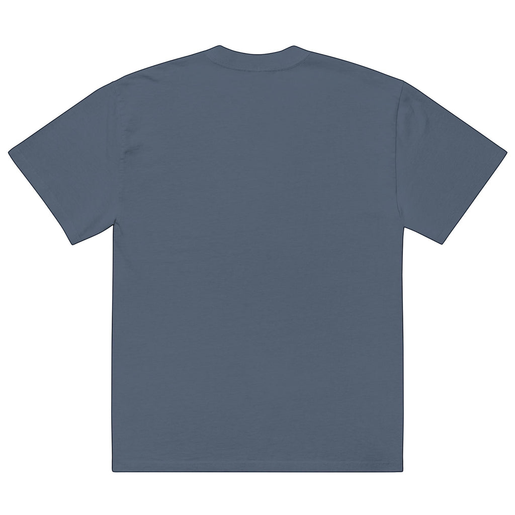 Back view of an Anointed Garments charcoal grey oversized cotton t-shirt with a boxy fit and dropped shoulders.
