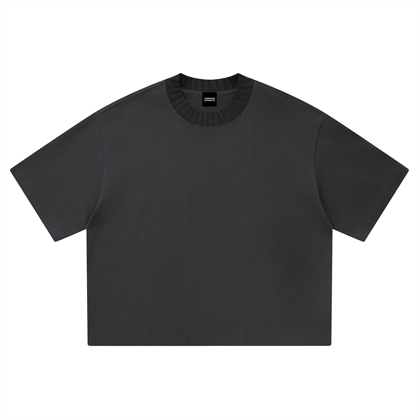 Anointed Garments unisex heavyweight boxy t-shirt in charcoal grey featuring a ribbed crew neck and drop shoulders.