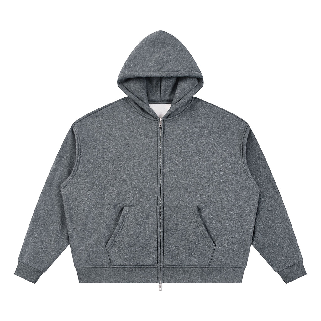 Anointed Garments unisex charcoal grey full-zip boxy hoodie made from a thick cotton-polyester blend.