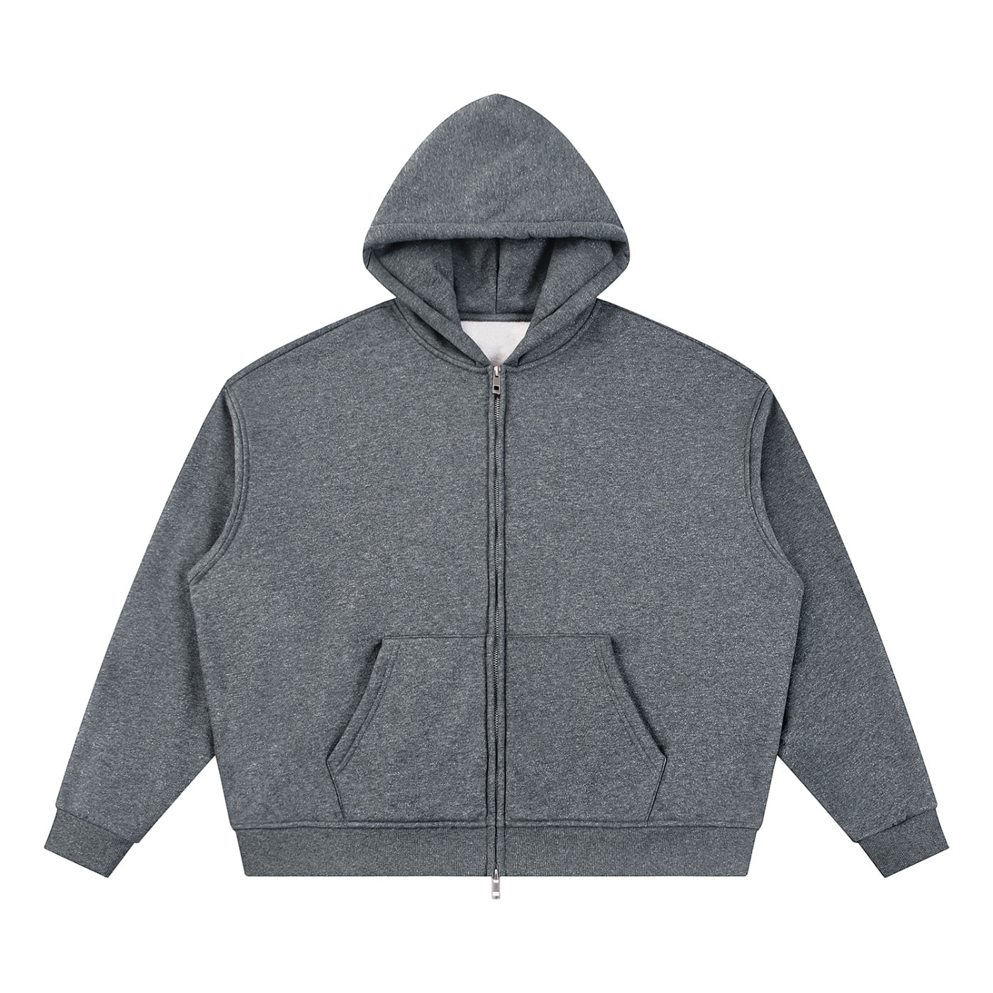 Anointed Garments unisex charcoal grey full-zip boxy hoodie made from a thick cotton-polyester blend.