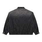 Back view of Anointed Garments charcoal acid-wash denim bomber jacket with elasticated hem and cuffs.