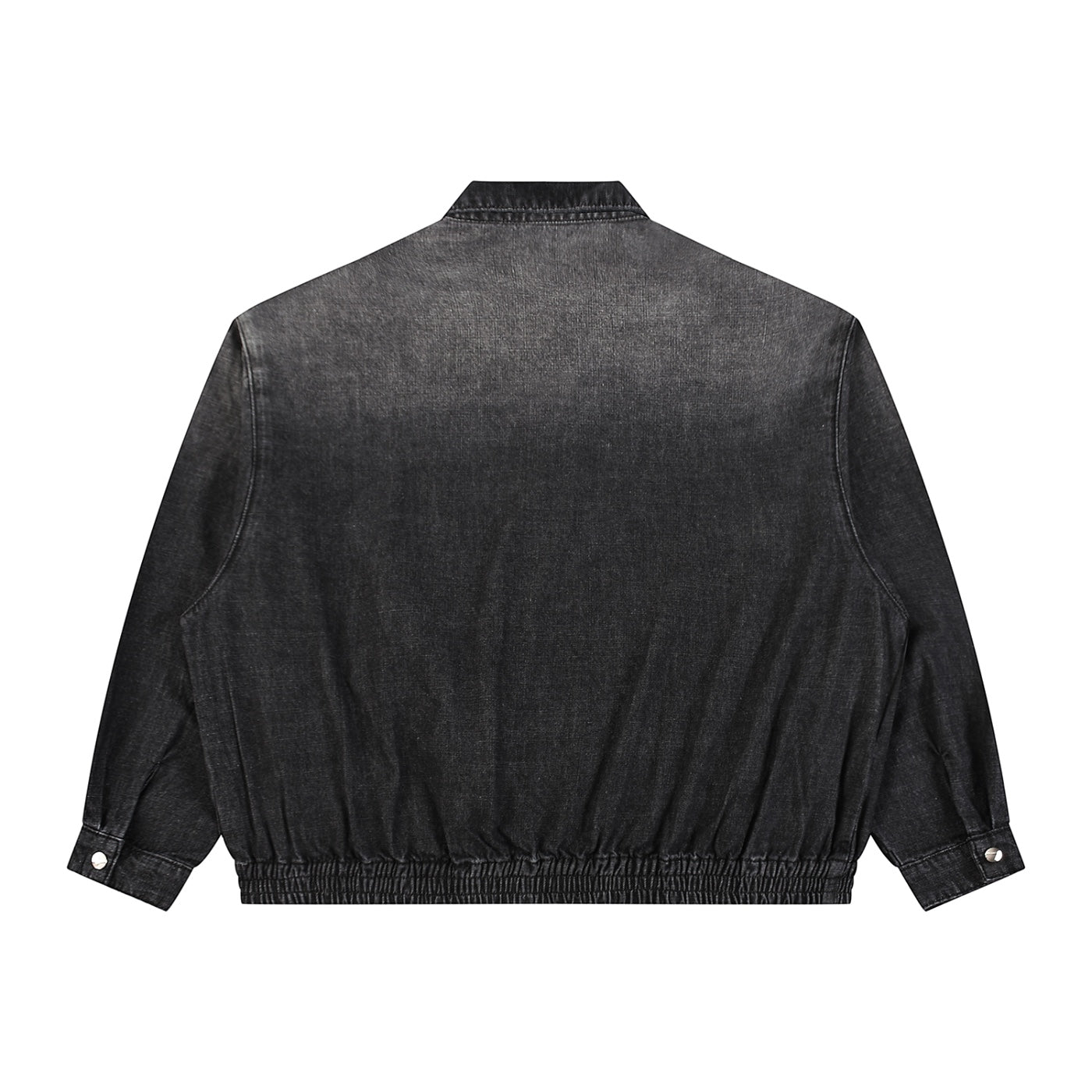 Back view of Anointed Garments charcoal acid-wash denim bomber jacket with elasticated hem and cuffs.